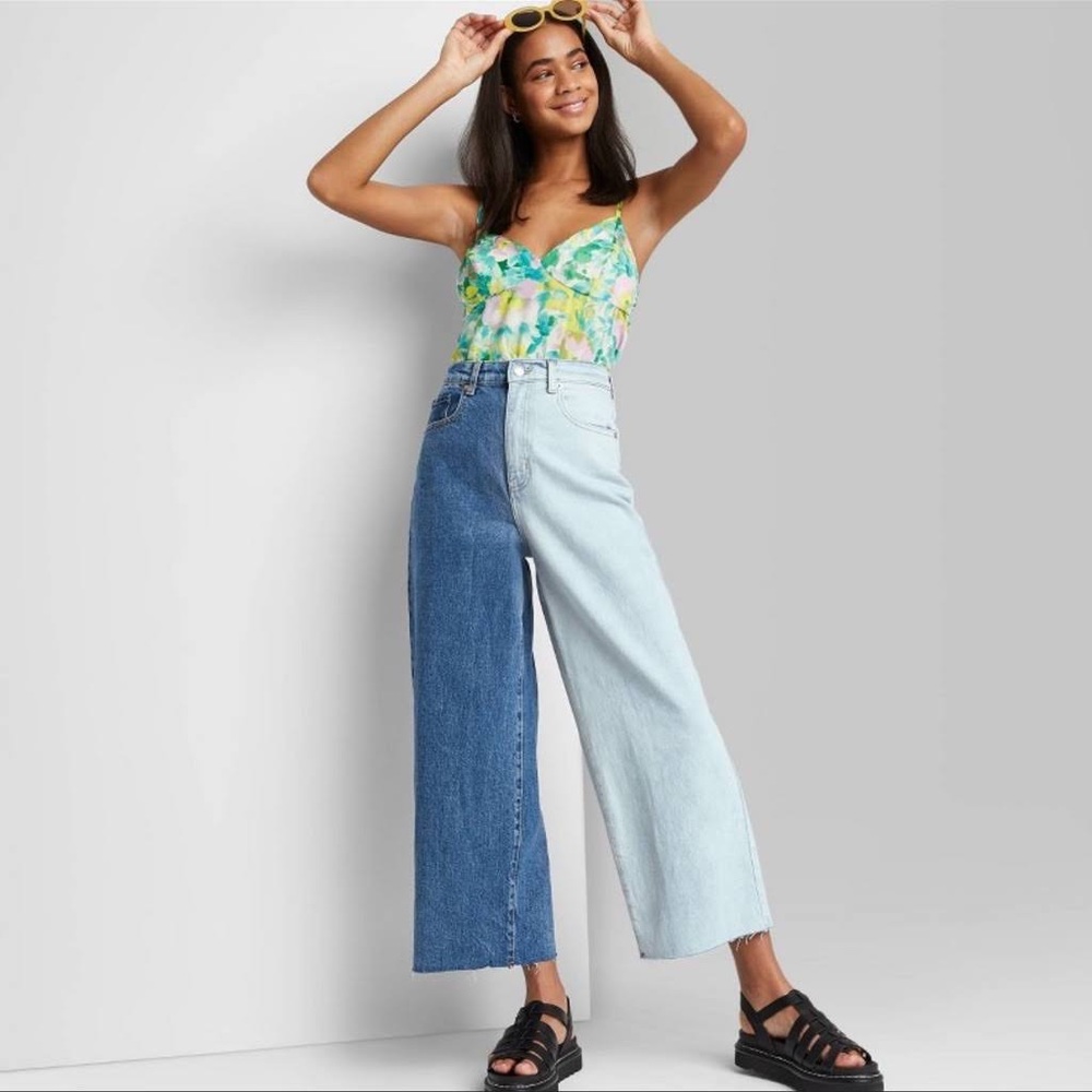 two toned split dye jeans, ultra high rise, wide leg